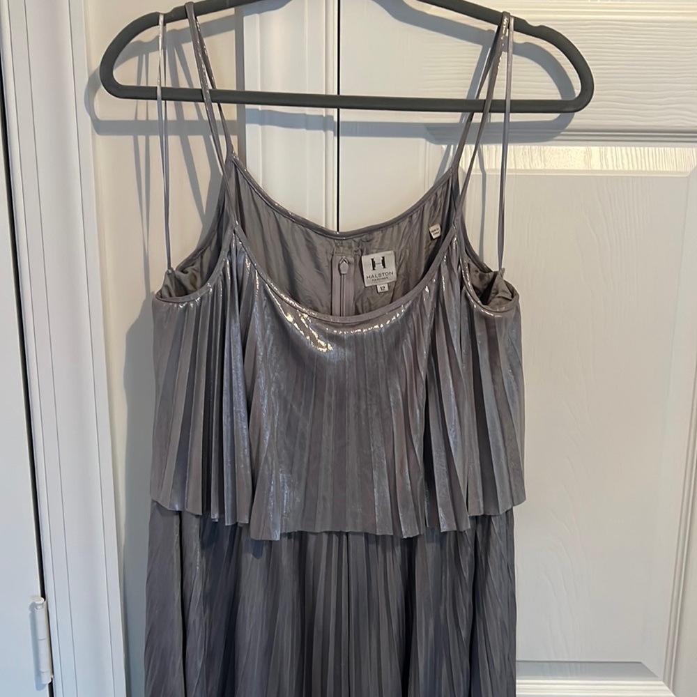 Halston Heritage pleated silver lame midi tank dress size 12